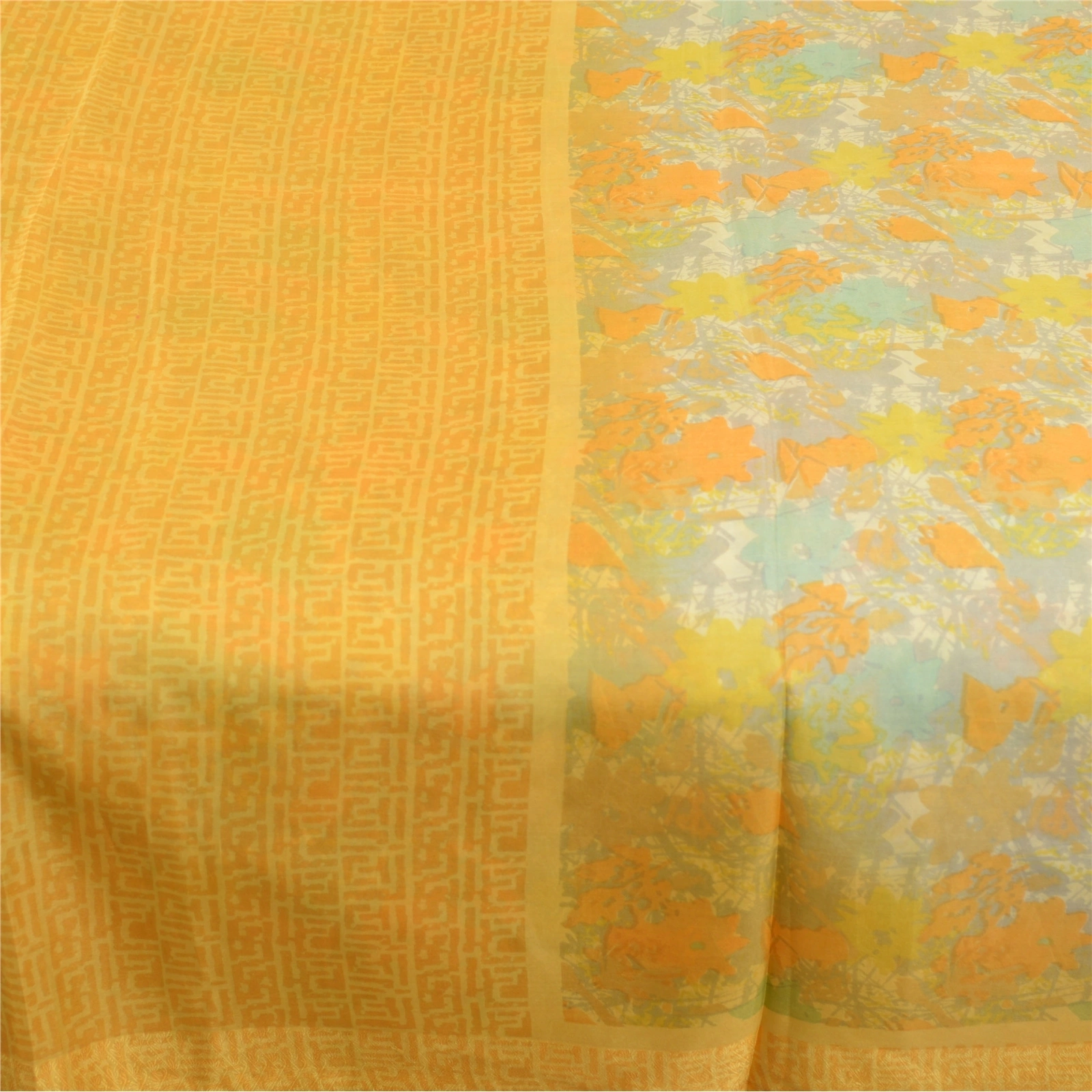 Sanskriti Vintage Sarees Yellow Pure Silk Printed Sari Soft Floral Craft Fabric, PR-60750-Yellow-Printed Floral Design-Pure Silk-3