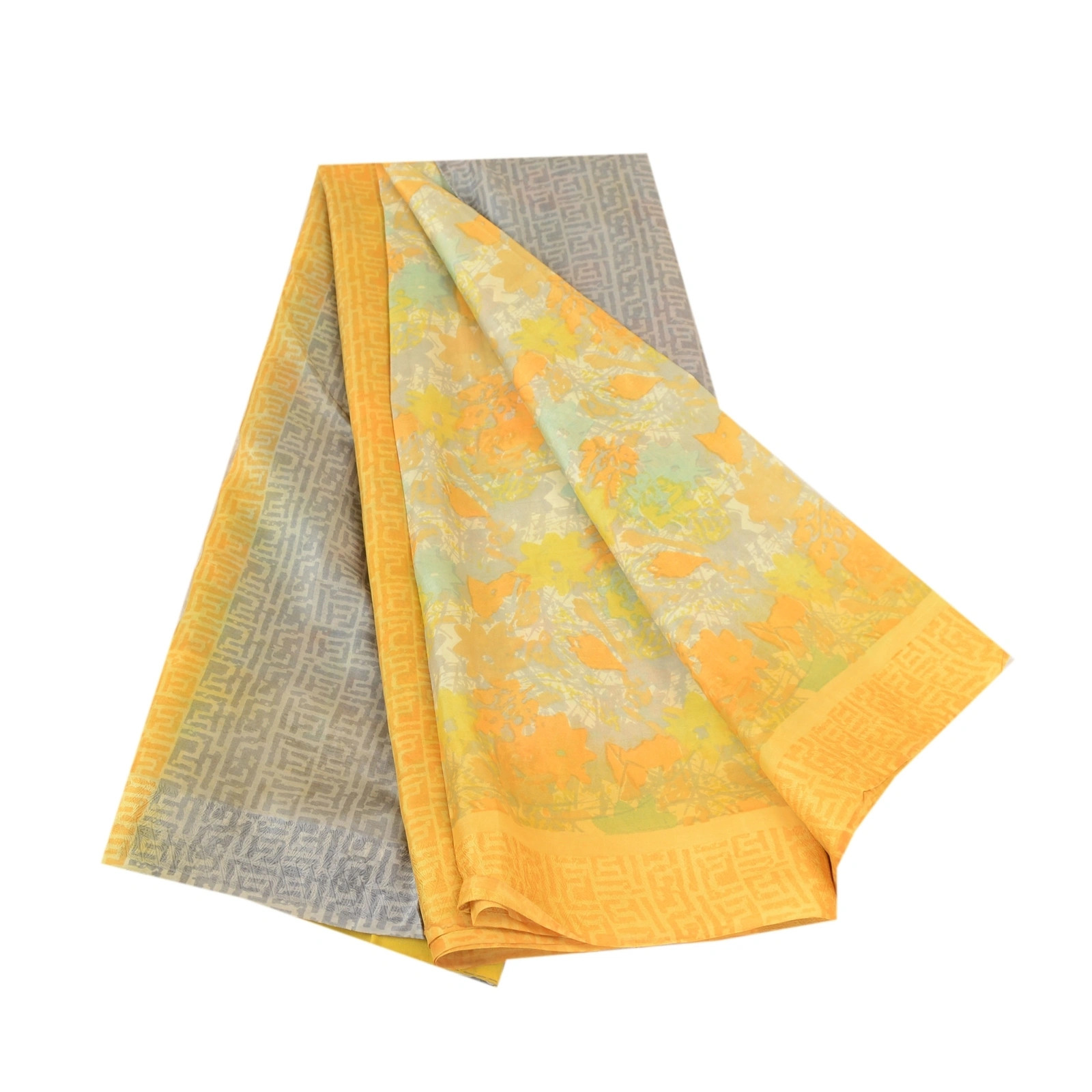 Sanskriti Vintage Sarees Yellow Pure Silk Printed Sari Soft Floral Craft Fabric, PR-60750-Yellow-Printed Floral Design-Pure Silk-6