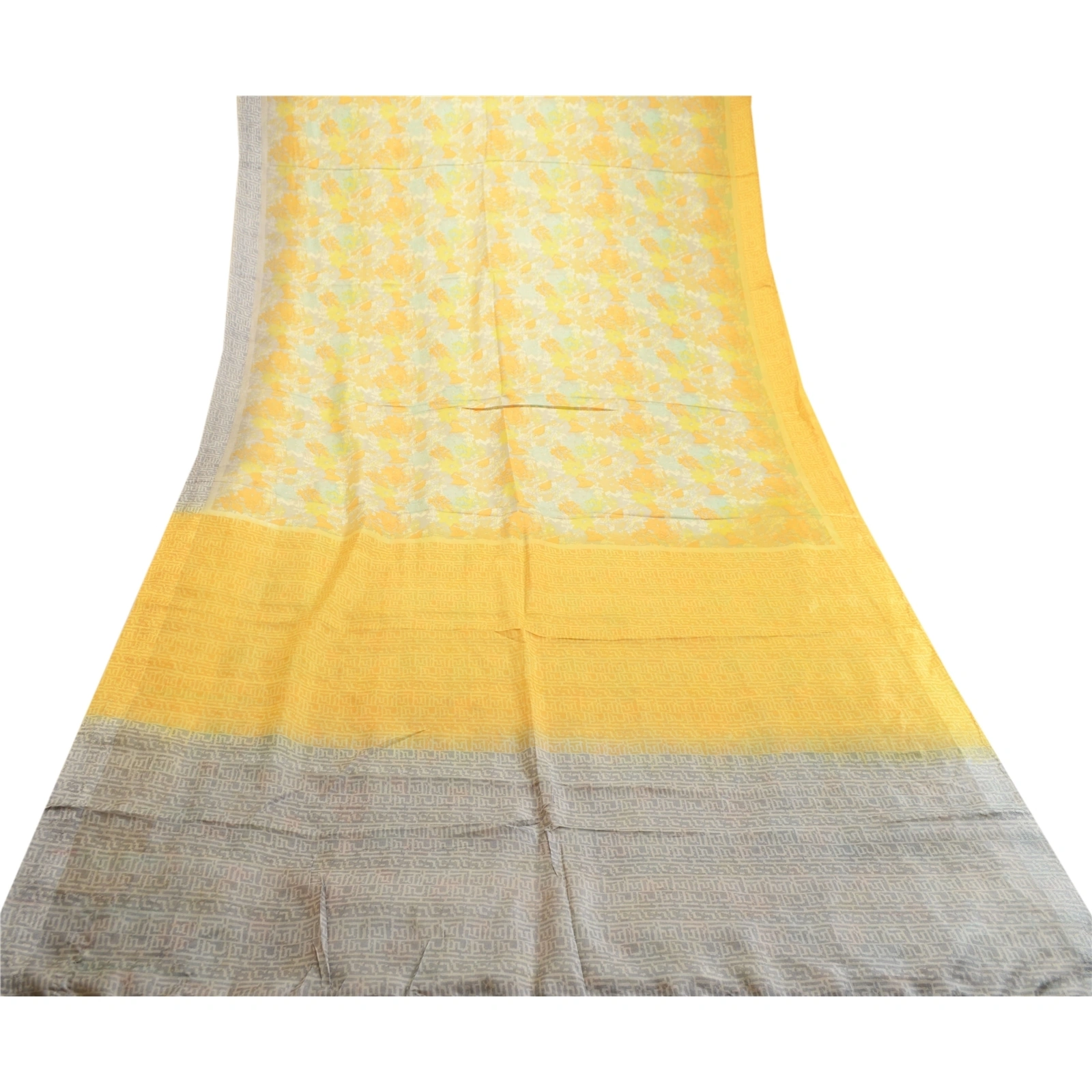 Sanskriti Vintage Sarees Yellow Pure Silk Printed Sari Soft Floral Craft Fabric, PR-60750-Yellow-Printed Floral Design-Pure Silk-7