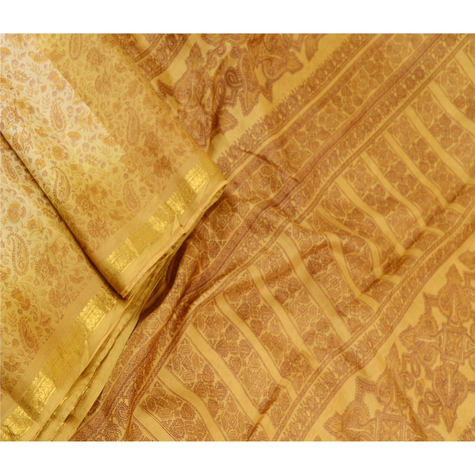 Sanskriti Vintage Sarees Cream Indian Pure Silk Printed Sari 5Yd Craft Fabric, PR-60754-Cream-Printed Floral Design-Pure Silk-1