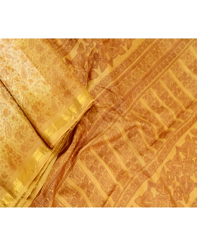 Sanskriti Vintage Sarees Cream Indian Pure Silk Printed Sari 5Yd Craft Fabric, PR-60754-Cream-Printed Floral Design-Pure Silk-1
