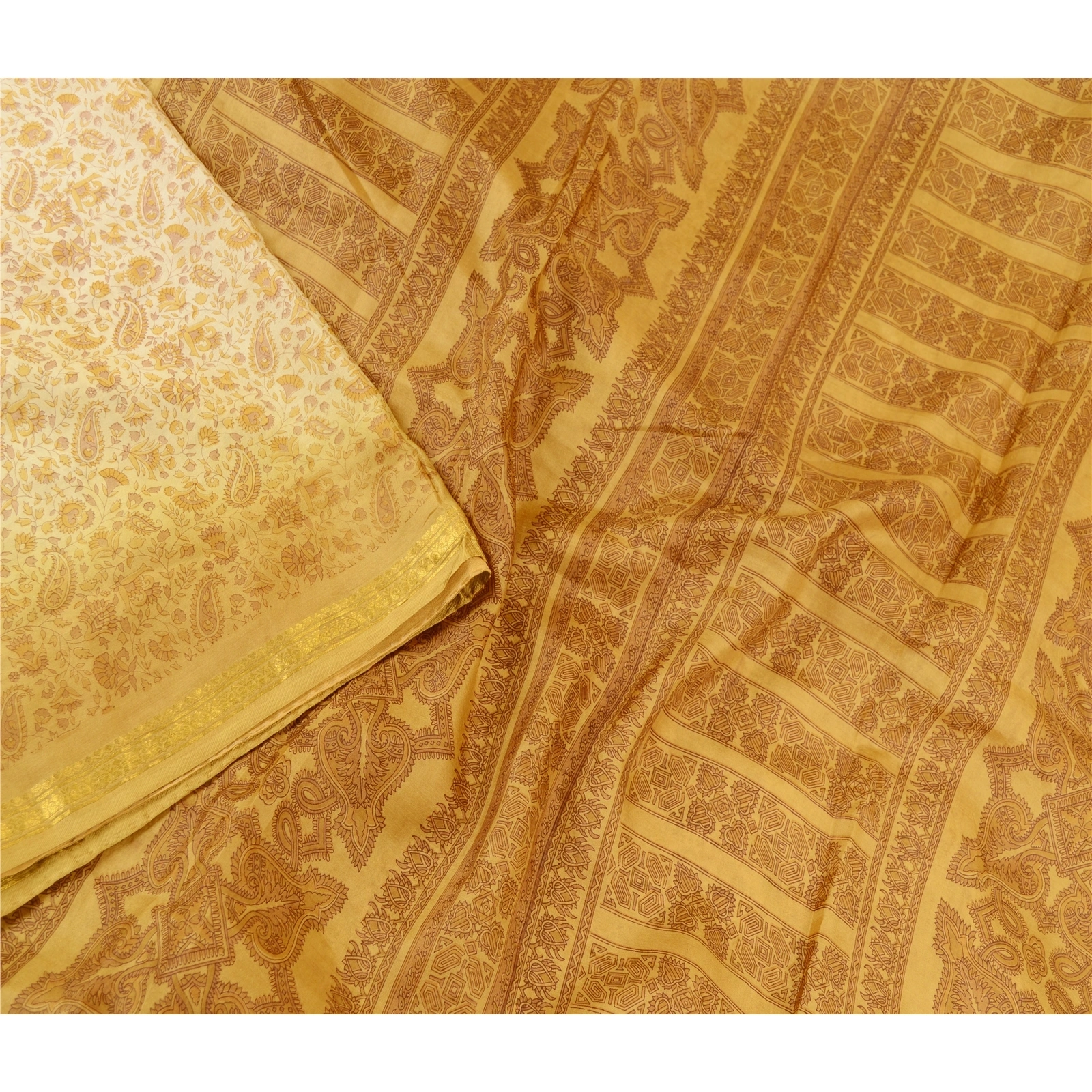 Sanskriti Vintage Sarees Cream Indian Pure Silk Printed Sari 5Yd Craft Fabric, PR-60754-Cream-Printed Floral Design-Pure Silk-2