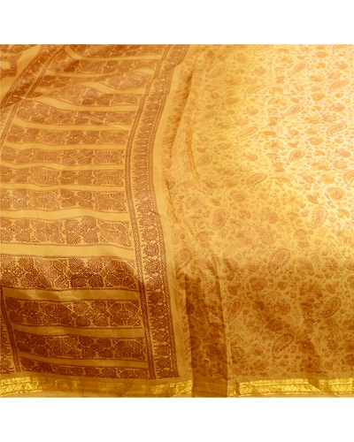 Sanskriti Vintage Sarees Cream Indian Pure Silk Printed Sari 5Yd Craft Fabric, PR-60754-Cream-Printed Floral Design-Pure Silk-3