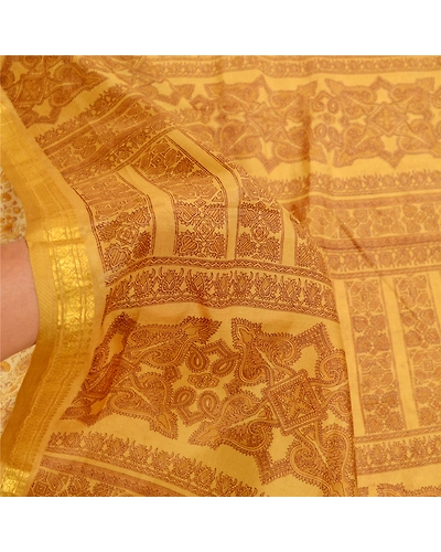 Sanskriti Vintage Sarees Cream Indian Pure Silk Printed Sari 5Yd Craft Fabric, PR-60754-Cream-Printed Floral Design-Pure Silk-5
