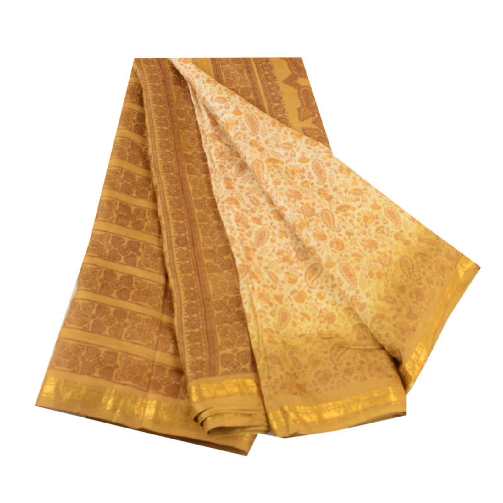 Sanskriti Vintage Sarees Cream Indian Pure Silk Printed Sari 5Yd Craft Fabric, PR-60754-Cream-Printed Floral Design-Pure Silk-6