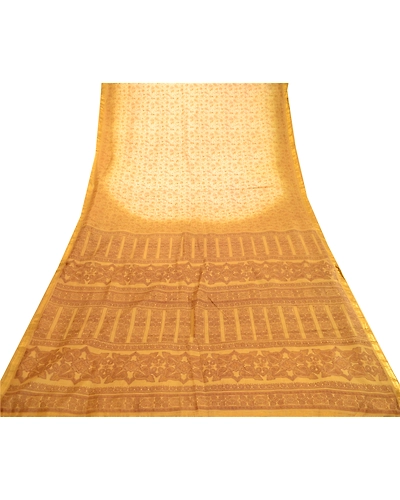 Sanskriti Vintage Sarees Cream Indian Pure Silk Printed Sari 5Yd Craft Fabric, PR-60754-Cream-Printed Floral Design-Pure Silk-7