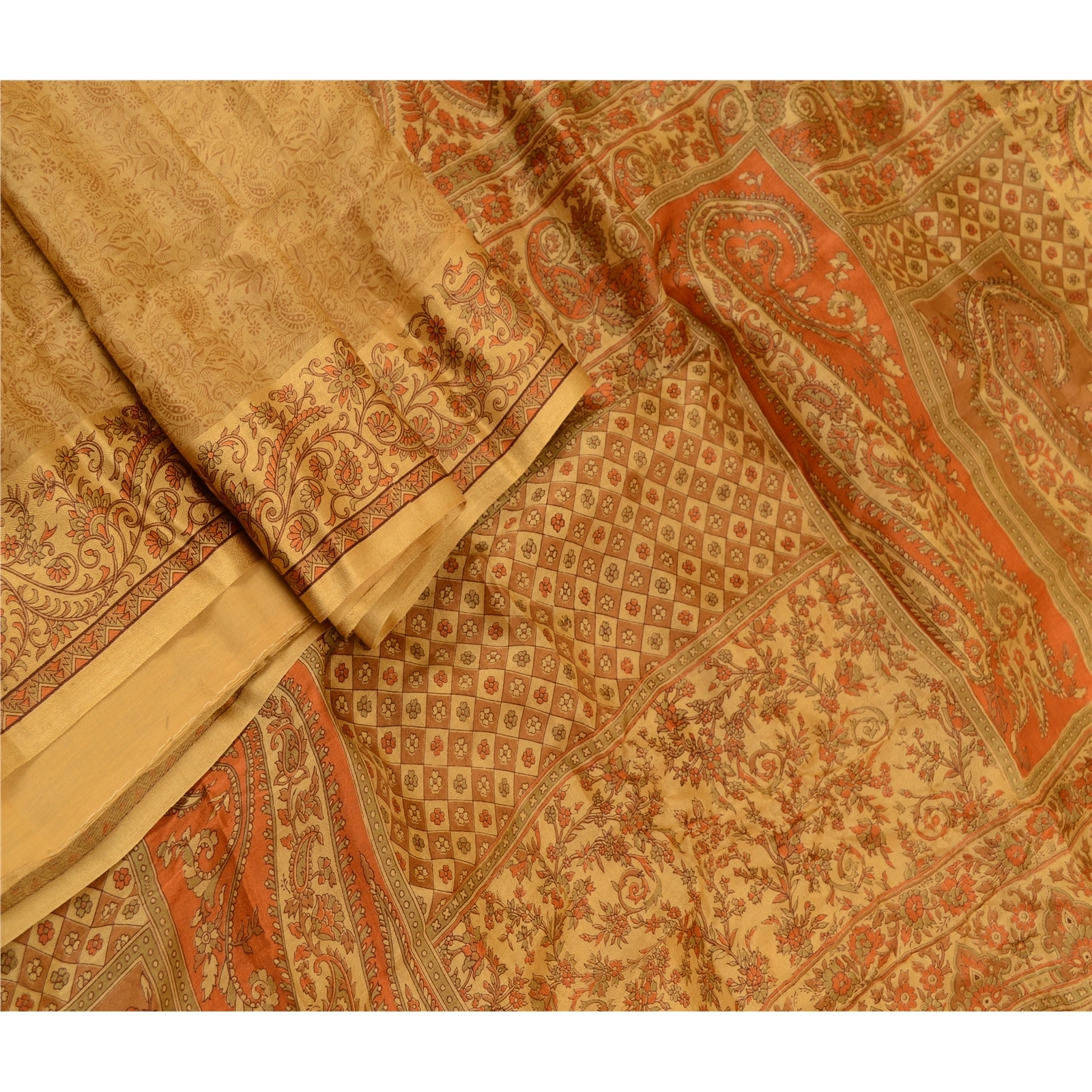 Sanskriti Vintage Sarees Saffron Pure Silk Printed Sari Floral Soft Craft Fabric, PR-60786-Saffron-Printed Floral Design-Pure Silk-1