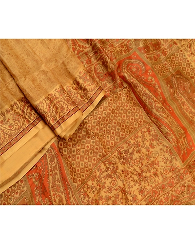 Sanskriti Vintage Sarees Saffron Pure Silk Printed Sari Floral Soft Craft Fabric, PR-60786-Saffron-Printed Floral Design-Pure Silk-1