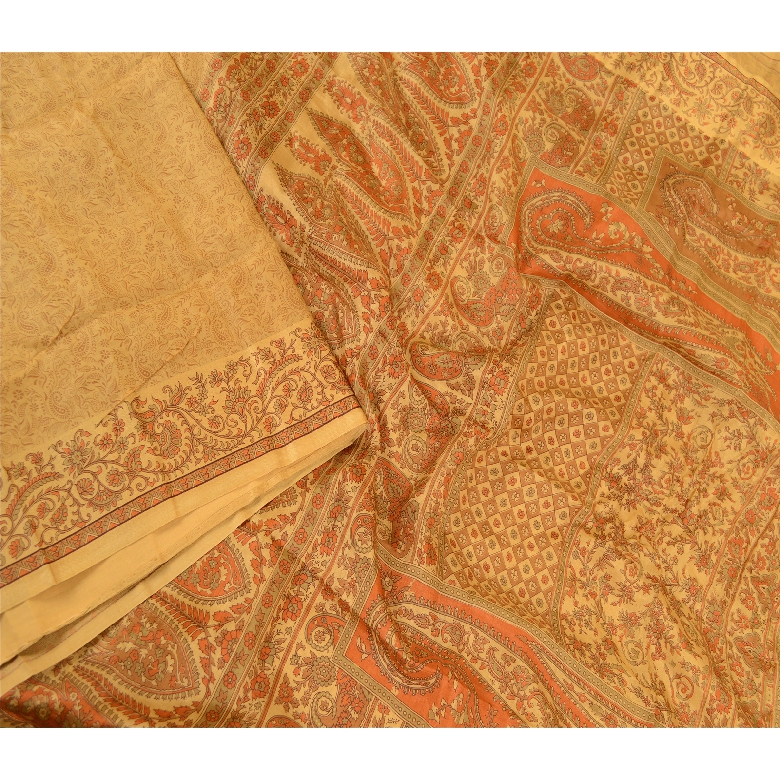 Sanskriti Vintage Sarees Saffron Pure Silk Printed Sari Floral Soft Craft Fabric, PR-60786-Saffron-Printed Floral Design-Pure Silk-2