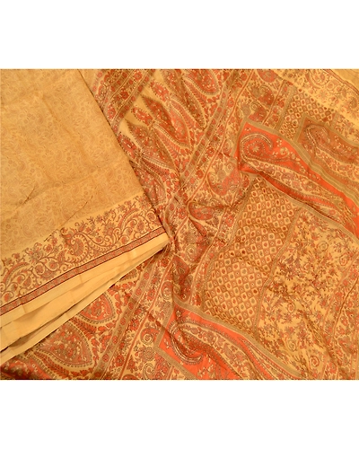 Sanskriti Vintage Sarees Saffron Pure Silk Printed Sari Floral Soft Craft Fabric, PR-60786-Saffron-Printed Floral Design-Pure Silk-2