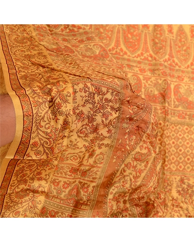 Sanskriti Vintage Sarees Saffron Pure Silk Printed Sari Floral Soft Craft Fabric, PR-60786-Saffron-Printed Floral Design-Pure Silk-5