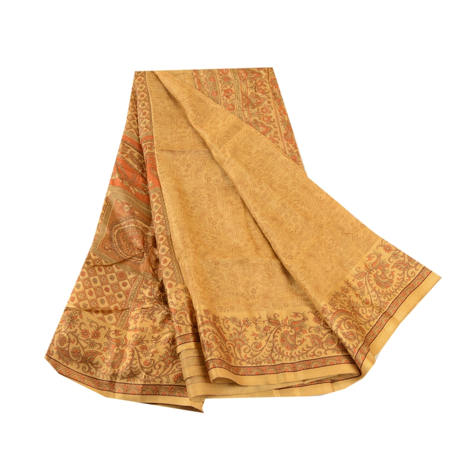 Sanskriti Vintage Sarees Saffron Pure Silk Printed Sari Floral Soft Craft Fabric, PR-60786-Saffron-Printed Floral Design-Pure Silk-6