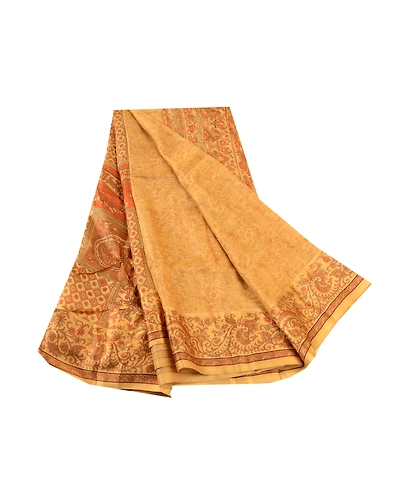 Sanskriti Vintage Sarees Saffron Pure Silk Printed Sari Floral Soft Craft Fabric, PR-60786-Saffron-Printed Floral Design-Pure Silk-6