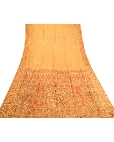 Sanskriti Vintage Sarees Saffron Pure Silk Printed Sari Floral Soft Craft Fabric, PR-60786-Saffron-Printed Floral Design-Pure Silk-7