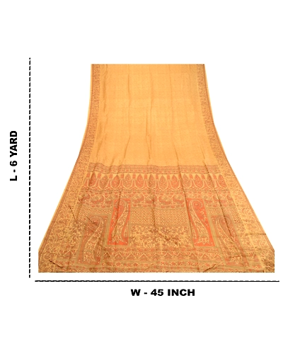 Sanskriti Vintage Sarees Saffron Pure Silk Printed Sari Floral Soft Craft Fabric, PR-60786-Saffron-Printed Floral Design-Pure Silk-8