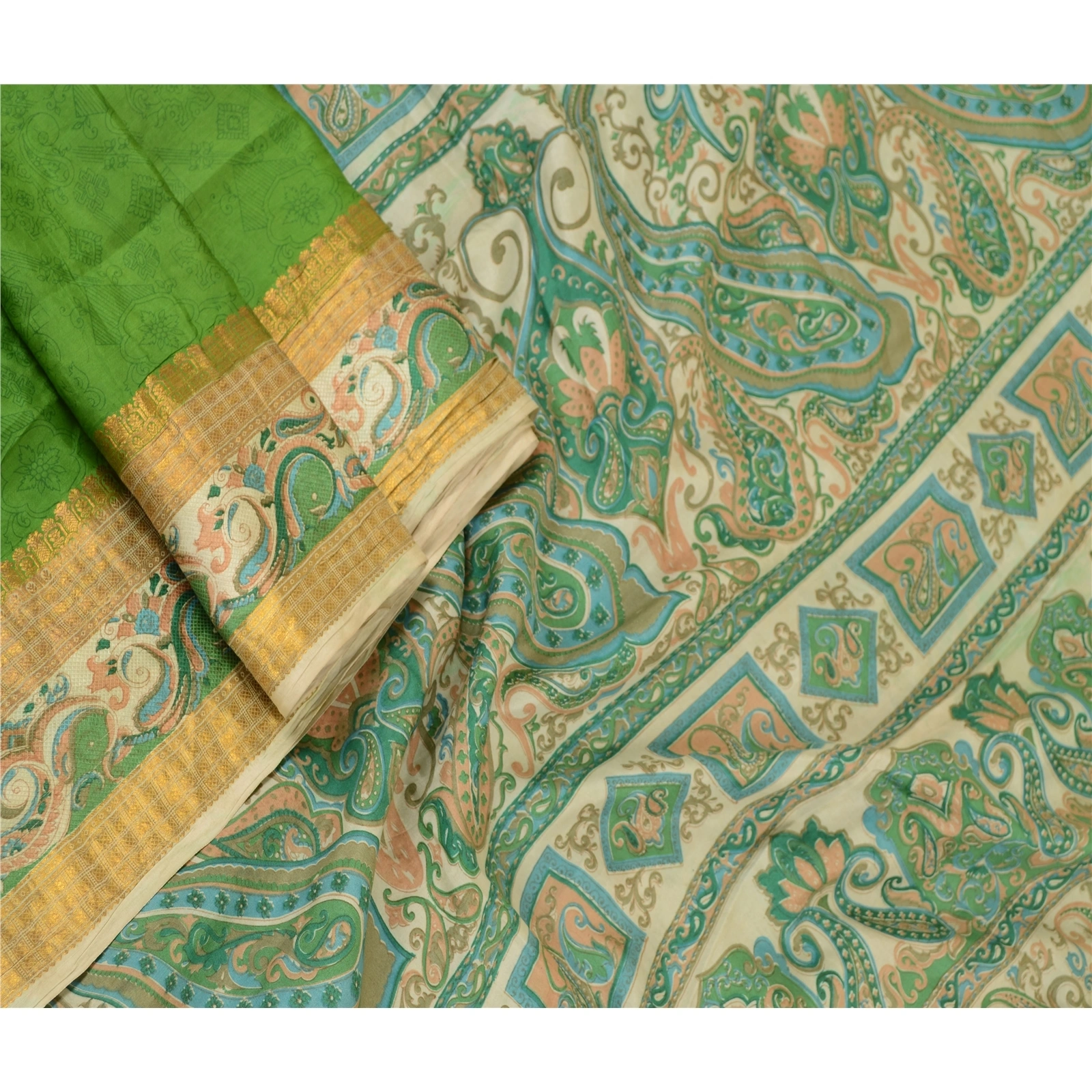 Sanskriti Vintage Sarees Green Pure Silk Printed Zari Border Sari Craft Fabric, PR-60796-Green-Printed Floral Design-Pure Silk-2