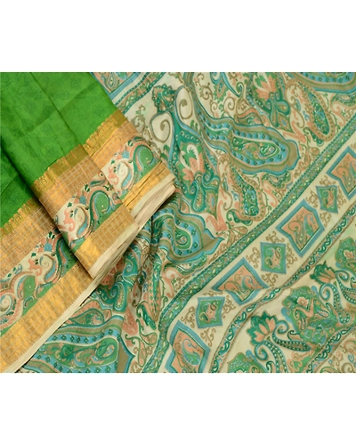 Sanskriti Vintage Sarees Green Pure Silk Printed Zari Border Sari Craft Fabric, PR-60796-Green-Printed Floral Design-Pure Silk-2