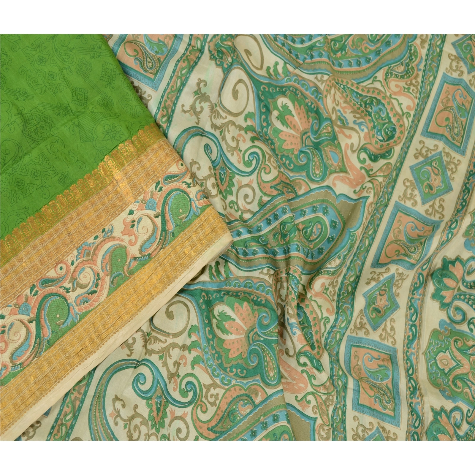 Sanskriti Vintage Sarees Green Pure Silk Printed Zari Border Sari Craft Fabric, PR-60796-Green-Printed Floral Design-Pure Silk-3