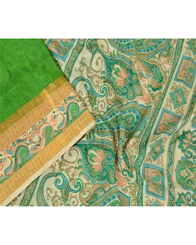 Sanskriti Vintage Sarees Green Pure Silk Printed Zari Border Sari Craft Fabric, PR-60796-Green-Printed Floral Design-Pure Silk-3