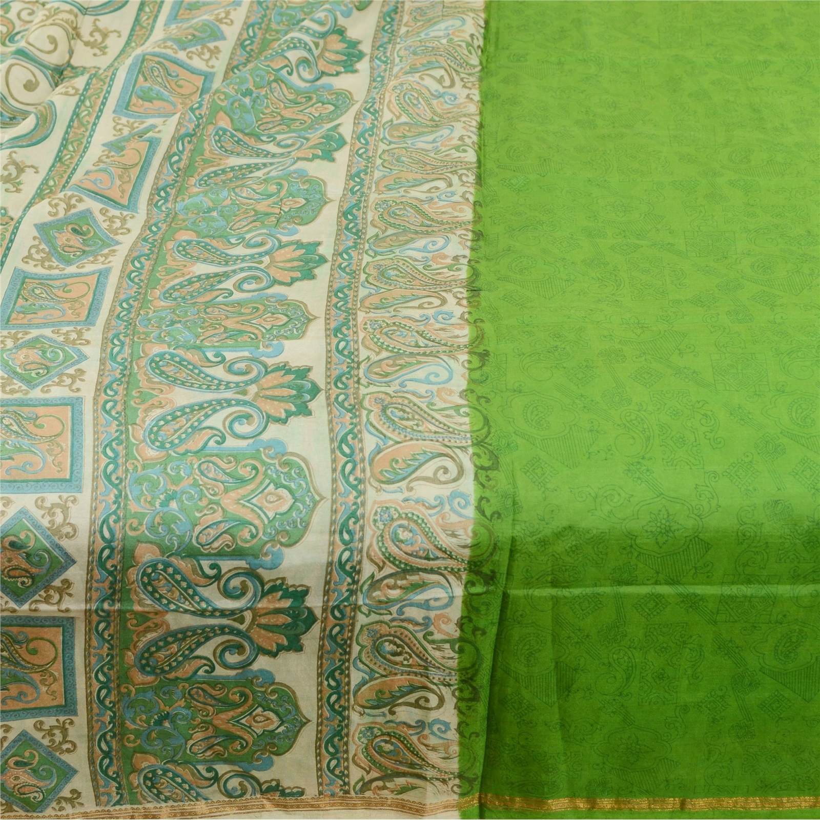 Sanskriti Vintage Sarees Green Pure Silk Printed Zari Border Sari Craft Fabric, PR-60796-Green-Printed Floral Design-Pure Silk-4