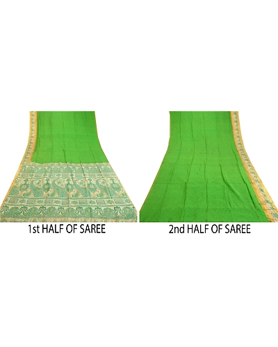 Sanskriti Vintage Sarees Green Pure Silk Printed Zari Border Sari Craft Fabric, PR-60796-Green-Printed Floral Design-Pure Silk-5
