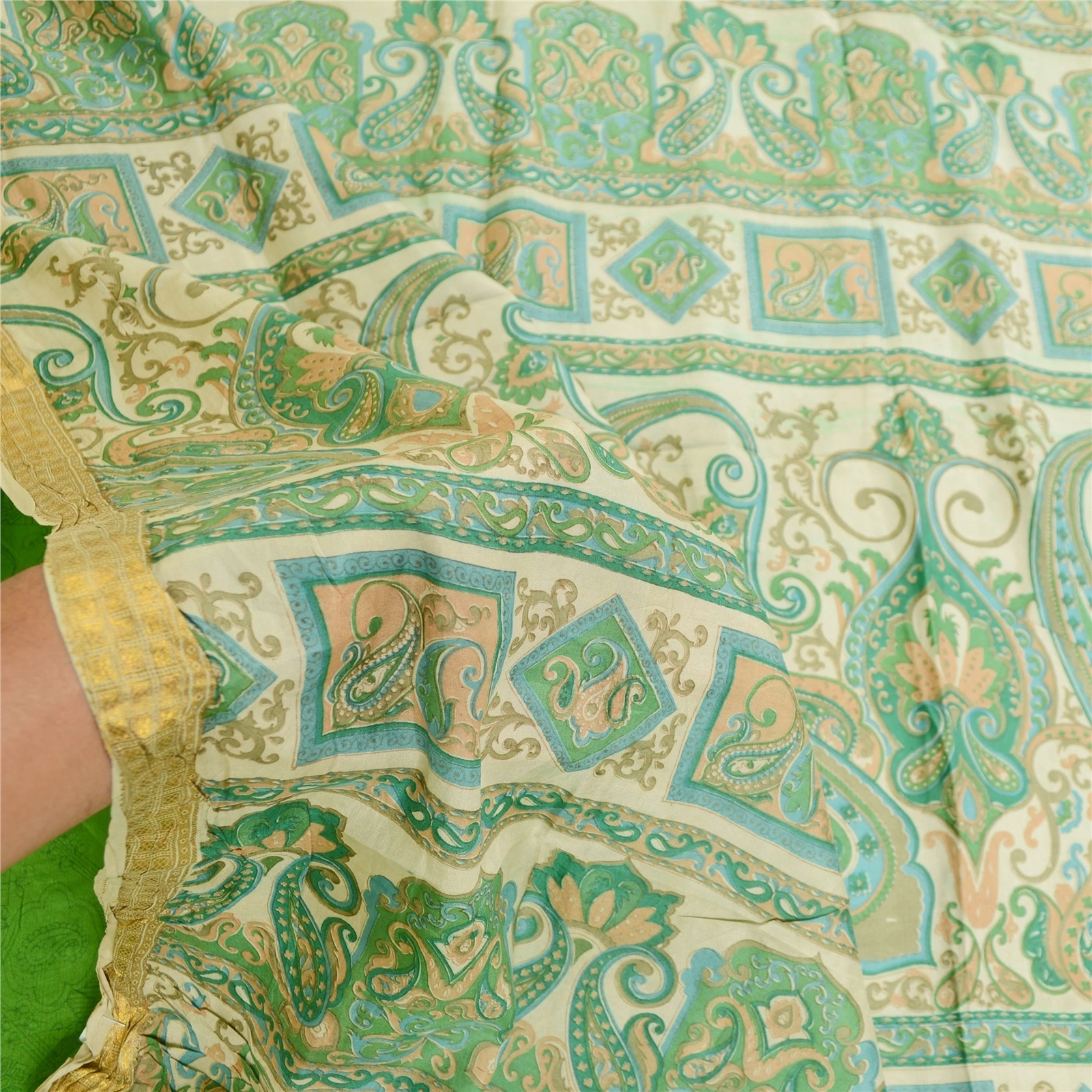 Sanskriti Vintage Sarees Green Pure Silk Printed Zari Border Sari Craft Fabric, PR-60796-Green-Printed Floral Design-Pure Silk-6