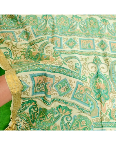 Sanskriti Vintage Sarees Green Pure Silk Printed Zari Border Sari Craft Fabric, PR-60796-Green-Printed Floral Design-Pure Silk-6