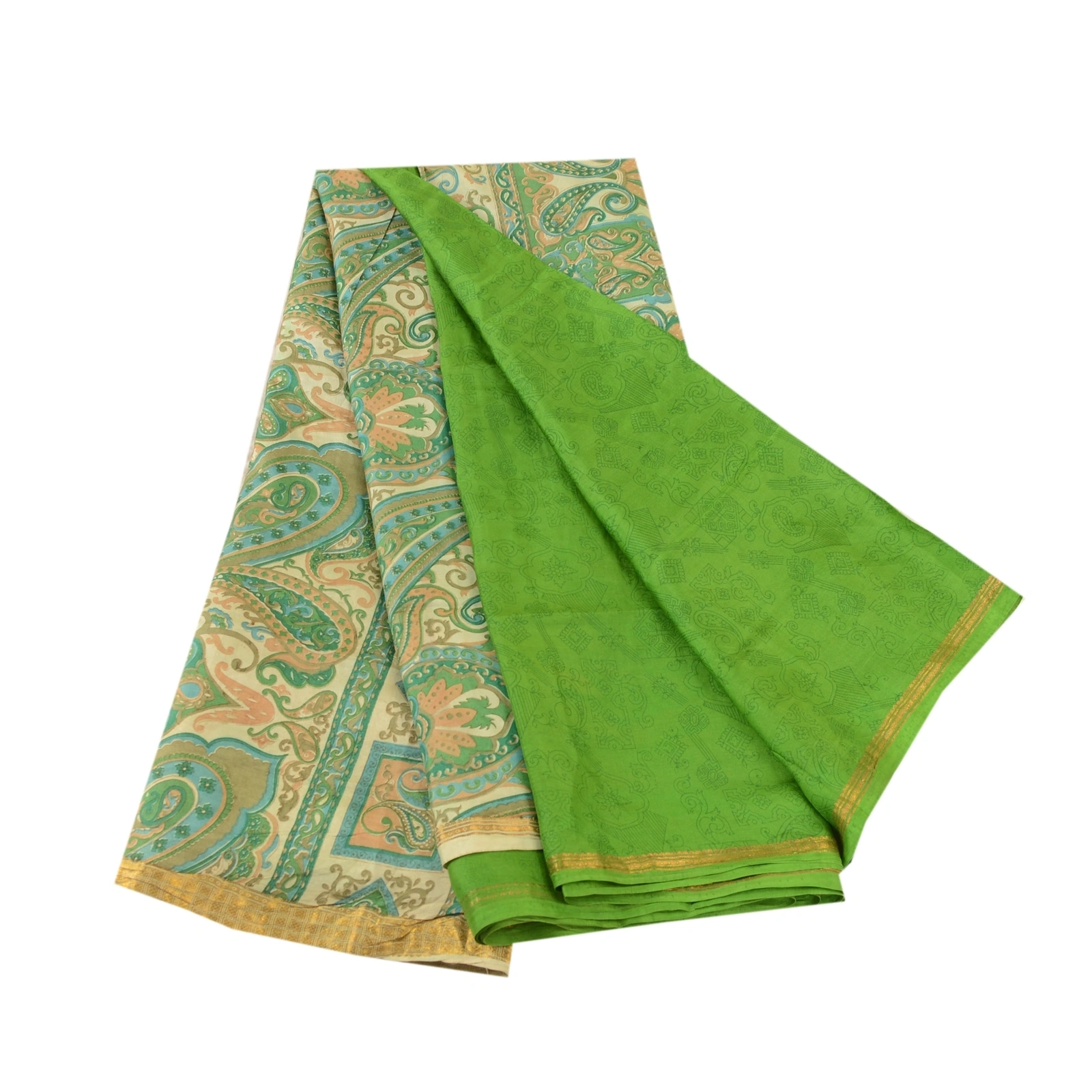 Sanskriti Vintage Sarees Green Pure Silk Printed Zari Border Sari Craft Fabric, PR-60796-Green-Printed Floral Design-Pure Silk-7