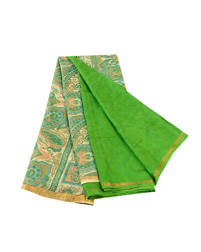 Sanskriti Vintage Sarees Green Pure Silk Printed Zari Border Sari Craft Fabric, PR-60796-Green-Printed Floral Design-Pure Silk-7