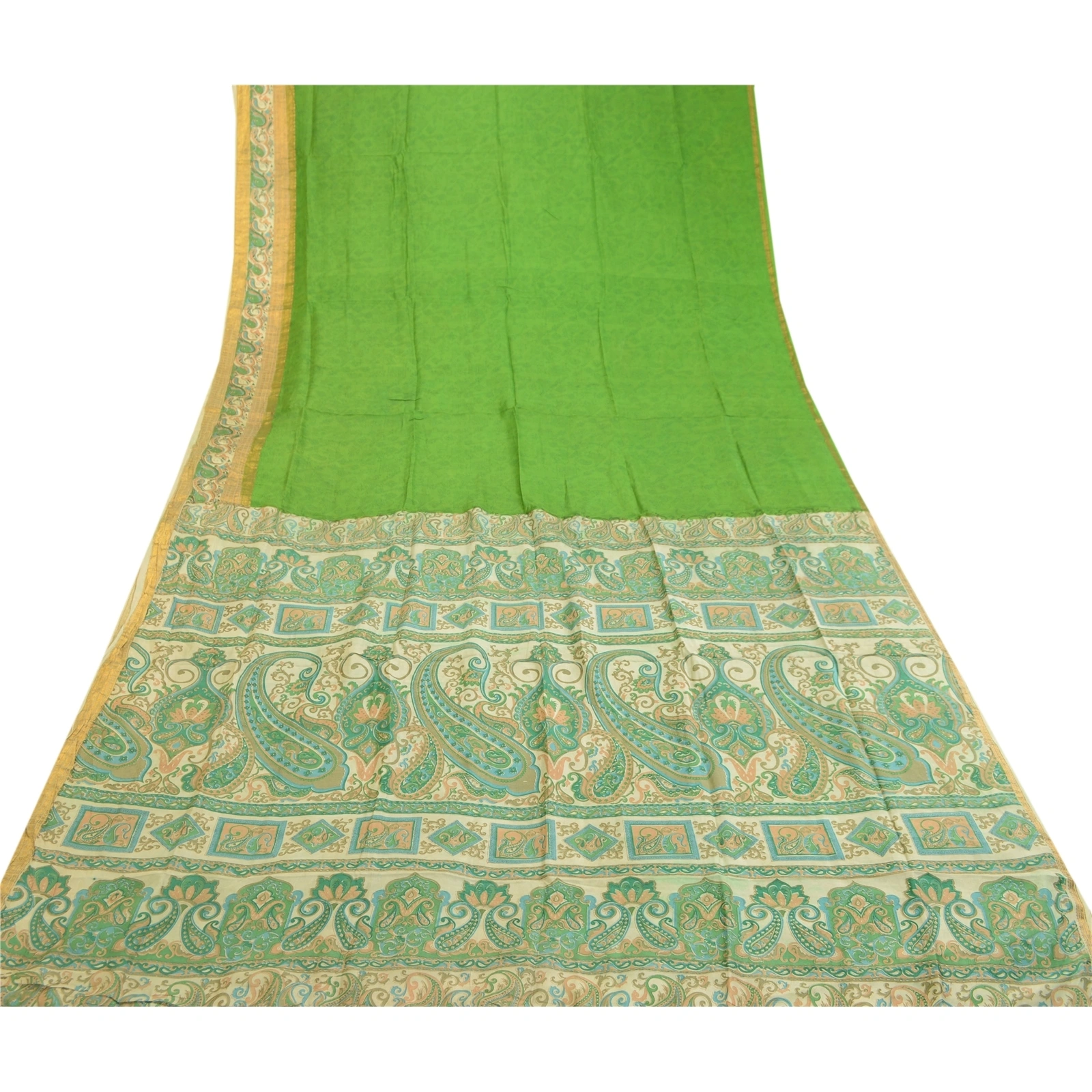 Sanskriti Vintage Sarees Green Pure Silk Printed Zari Border Sari Craft Fabric, PR-60796-Green-Printed Floral Design-Pure Silk-8