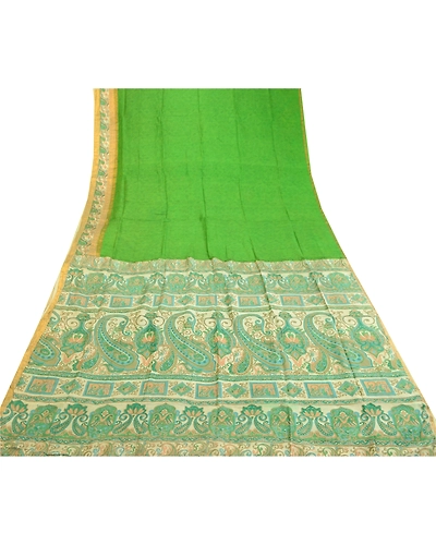 Sanskriti Vintage Sarees Green Pure Silk Printed Zari Border Sari Craft Fabric, PR-60796-Green-Printed Floral Design-Pure Silk-8