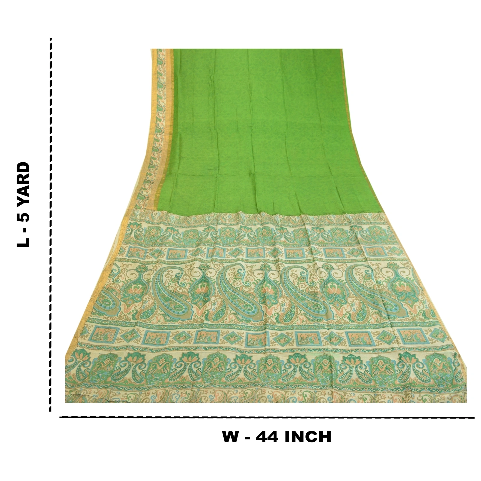 Sanskriti Vintage Sarees Green Pure Silk Printed Zari Border Sari Craft Fabric, PR-60796-Green-Printed Floral Design-Pure Silk-9