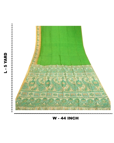 Sanskriti Vintage Sarees Green Pure Silk Printed Zari Border Sari Craft Fabric, PR-60796-Green-Printed Floral Design-Pure Silk-9