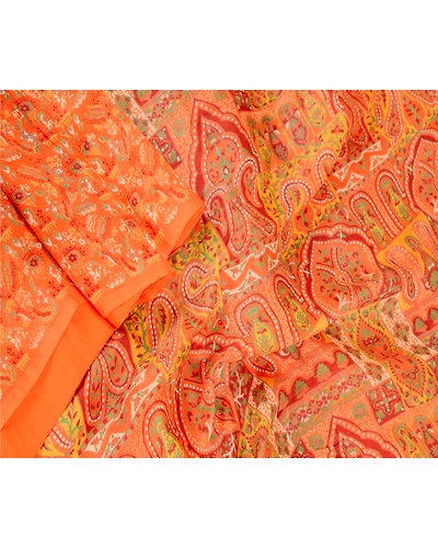 Sanskriti Vintage Sarees Orange Pure Silk Printed Sari Floral 5Yd Craft Fabric, PR-60823-Orange-Printed Floral Design-Pure Silk-1