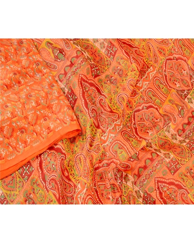 Sanskriti Vintage Sarees Orange Pure Silk Printed Sari Floral 5Yd Craft Fabric, PR-60823-Orange-Printed Floral Design-Pure Silk-2
