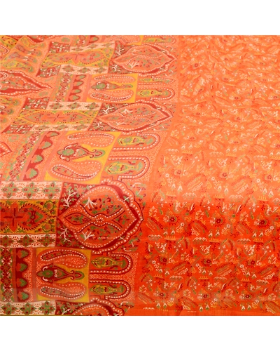 Sanskriti Vintage Sarees Orange Pure Silk Printed Sari Floral 5Yd Craft Fabric, PR-60823-Orange-Printed Floral Design-Pure Silk-3