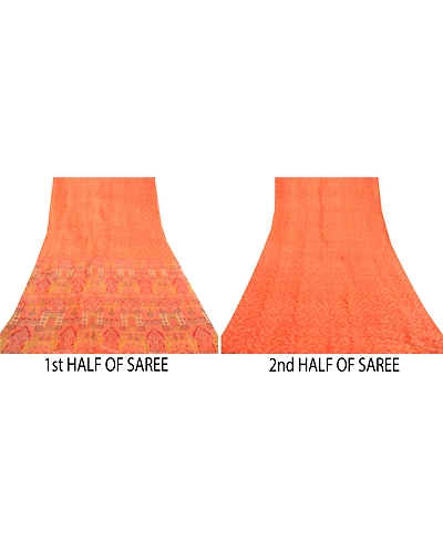 Sanskriti Vintage Sarees Orange Pure Silk Printed Sari Floral 5Yd Craft Fabric, PR-60823-Orange-Printed Floral Design-Pure Silk-4