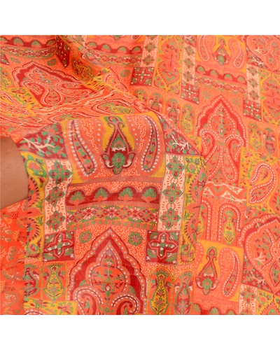 Sanskriti Vintage Sarees Orange Pure Silk Printed Sari Floral 5Yd Craft Fabric, PR-60823-Orange-Printed Floral Design-Pure Silk-5