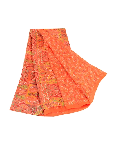 Sanskriti Vintage Sarees Orange Pure Silk Printed Sari Floral 5Yd Craft Fabric, PR-60823-Orange-Printed Floral Design-Pure Silk-6