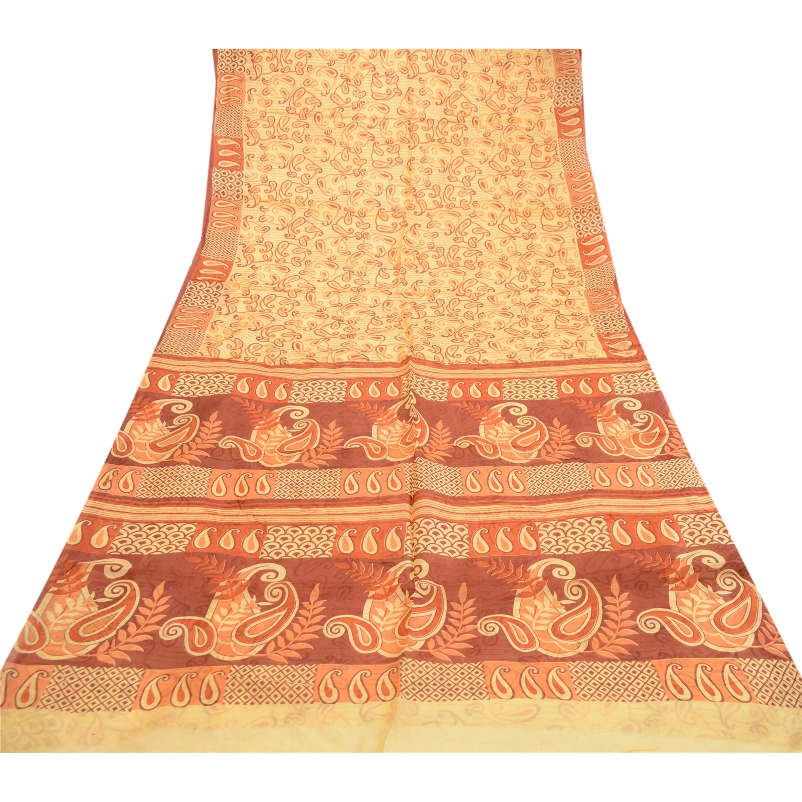 Sanskriti Vintage Sarees Beige 100% Pure Silk Printed Sari Floral Craft Fabric, PR-60830-Beige-Printed Floral Design-Pure Silk-7