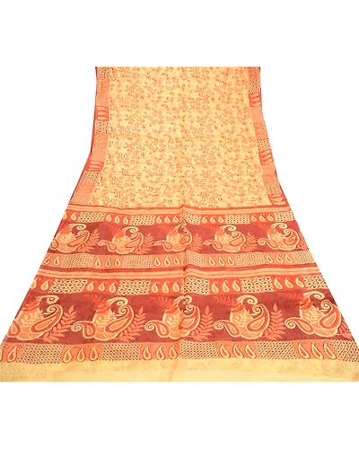 Sanskriti Vintage Sarees Beige 100% Pure Silk Printed Sari Floral Craft Fabric, PR-60830-Beige-Printed Floral Design-Pure Silk-7