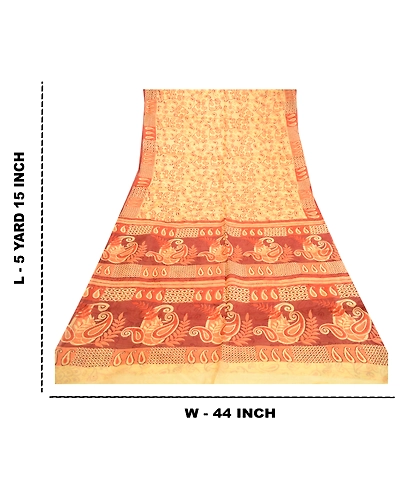Sanskriti Vintage Sarees Beige 100% Pure Silk Printed Sari Floral Craft Fabric, PR-60830-Beige-Printed Floral Design-Pure Silk-8