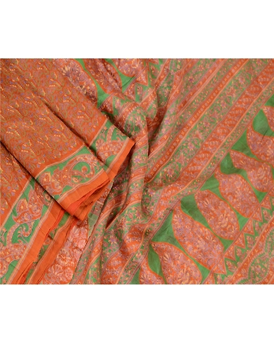 Sanskriti Vintage Sarees Orange Indian Pure Silk Printed Sari Soft Craft Fabric, PR-60832-Orange-Printed Floral Design-Pure Silk-1