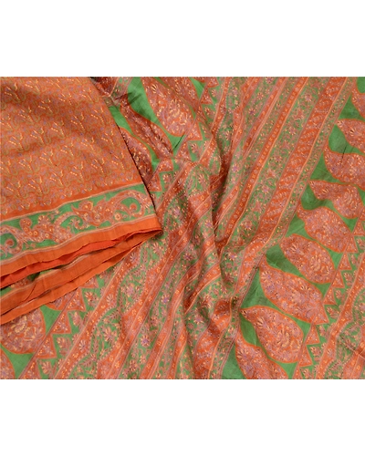 Sanskriti Vintage Sarees Orange Indian Pure Silk Printed Sari Soft Craft Fabric, PR-60832-Orange-Printed Floral Design-Pure Silk-2