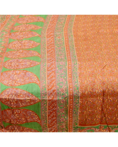 Sanskriti Vintage Sarees Orange Indian Pure Silk Printed Sari Soft Craft Fabric, PR-60832-Orange-Printed Floral Design-Pure Silk-3