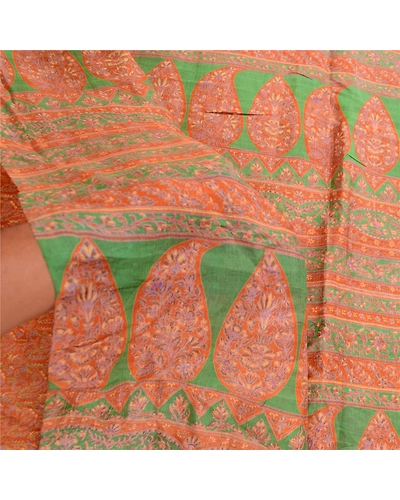 Sanskriti Vintage Sarees Orange Indian Pure Silk Printed Sari Soft Craft Fabric, PR-60832-Orange-Printed Floral Design-Pure Silk-5