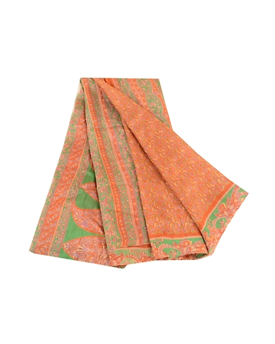 Sanskriti Vintage Sarees Orange Indian Pure Silk Printed Sari Soft Craft Fabric, PR-60832-Orange-Printed Floral Design-Pure Silk-6
