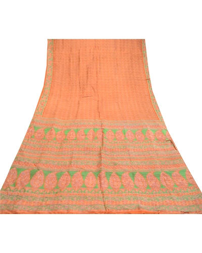 Sanskriti Vintage Sarees Orange Indian Pure Silk Printed Sari Soft Craft Fabric, PR-60832-Orange-Printed Floral Design-Pure Silk-7