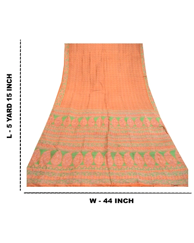 Sanskriti Vintage Sarees Orange Indian Pure Silk Printed Sari Soft Craft Fabric, PR-60832-Orange-Printed Floral Design-Pure Silk-8