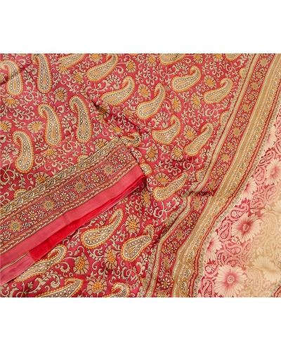Sanskriti Vintage Sarees Dark Red Pure Silk Printed Sari Soft 5Yd Craft Fabric, PR-60835-Dark Red-Printed Floral Design-Pure Silk-2